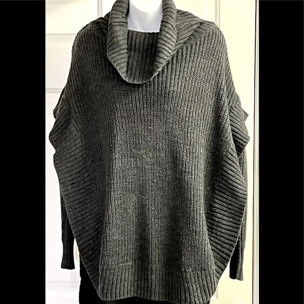 RD Style Charcoal High Low Knit Poncho Sweater Tunic Cowl Neck Small Petite